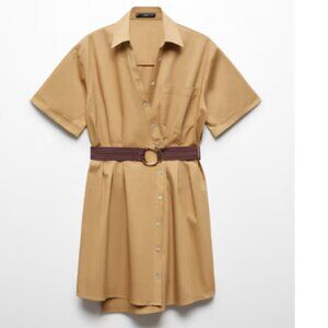 Camel Short Sleeve Belted Shirt Dress S